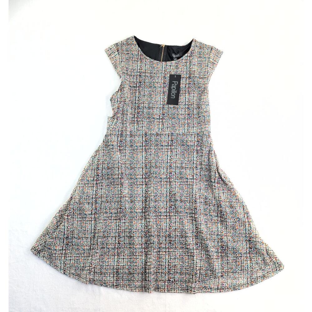 Papillon NWT Fit & Flare Twee Coquette Chevron Confetti Belted Dress Women's Med